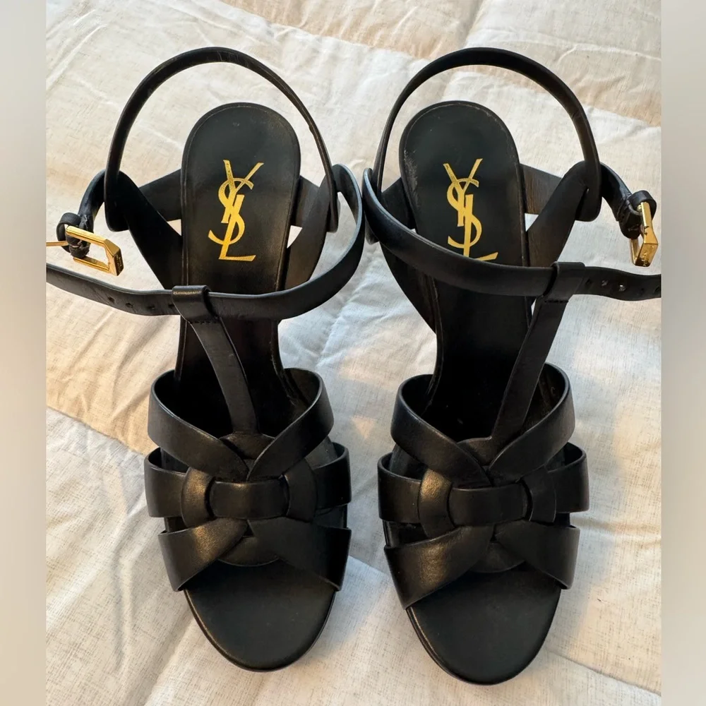 Saint Laurent Black Leather Strappy Platform Heels with Gold Logo - Picture 3 of 14